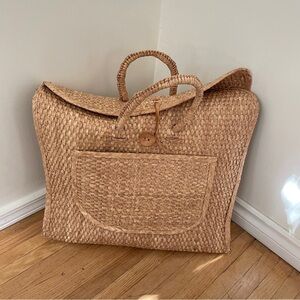 Vtg WOVEN Bag Rare Wicker Briefcase Satchel Button Leather Strap Colored Panels